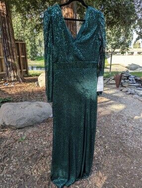 Xscape Emerald Green Sequin Long Sleeve V-Neck Gown